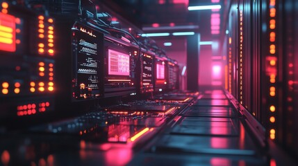 Obraz premium Futuristic Cyberpunk Corridor With Glowing Pink And Blue Neon Lights