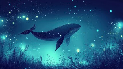 Whale swimming in a magical underwater world