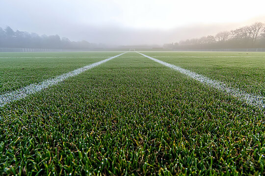 A foggy morning rugby pitch with dewy grass and an empty field stretching into the distance - Powered by Adobe