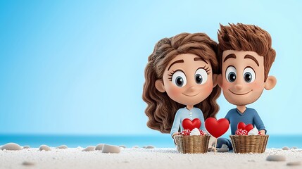 Adorable Cartoon Couple with Heart Gifts on Sandy Beach
