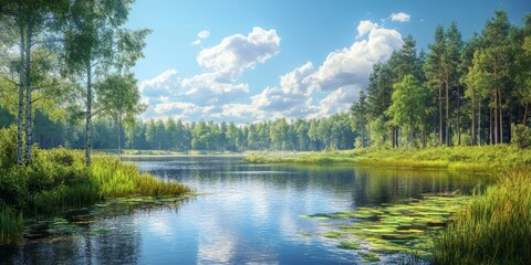 Serene Summer Landscape with Lush Greenery and Calm Water Reflection
