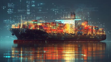 Obraz premium Nighttime Cargo Ship with Digital Overlay