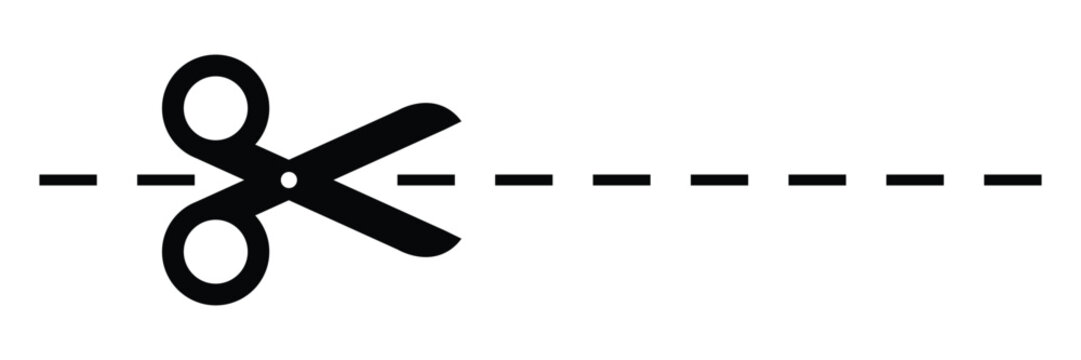 scissor with cut line icon. paper dash cut mark icon. scissor trim line icon. dotted dash cutting line symbol