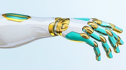 Futuristic Robotic Hand Reaching Gold And Teal Accents On Light Blue Background