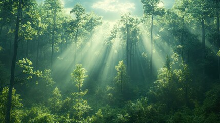 Obraz premium Sunbeams Illuminating a Lush Forest