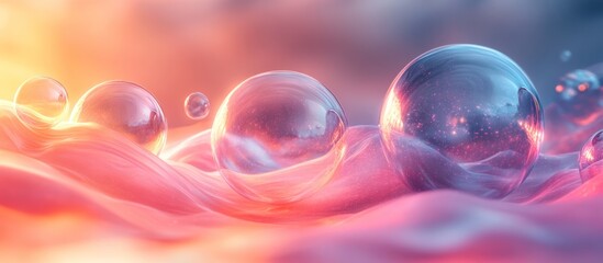 Abstract spheres on a pink, wavy surface with a warm light.