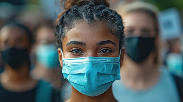 Young Woman with Black Hair in Face Mask Amidst Protest Crowd