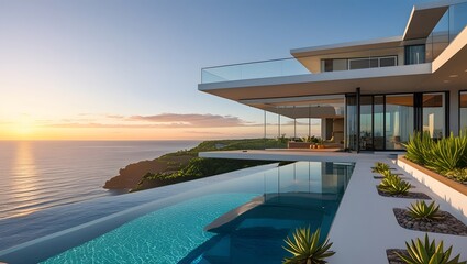 Fototapeta premium Modern mansion with infinity pool overlooking ocean at sunset, clear sky.