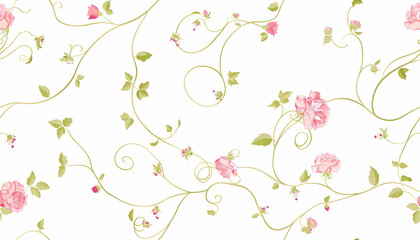 A floral pattern featuring pink roses and green vines on a white background.