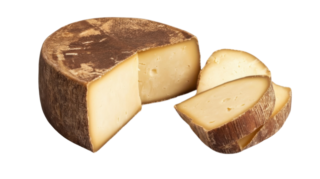 Wheel of semi-hard cheese with cut slices on transparent background