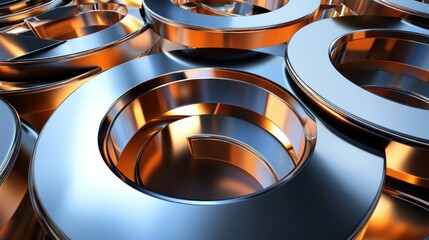 A close-up of metallic rings with reflective surfaces and warm lighting.
