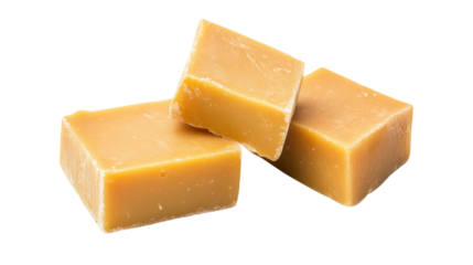 Three pieces of natural soap forming a stack on transparent background