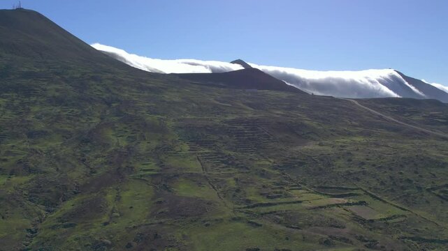 Aerial drone view of mountain sea and volcanoes in Lanzarote, Canary Islands, Spain