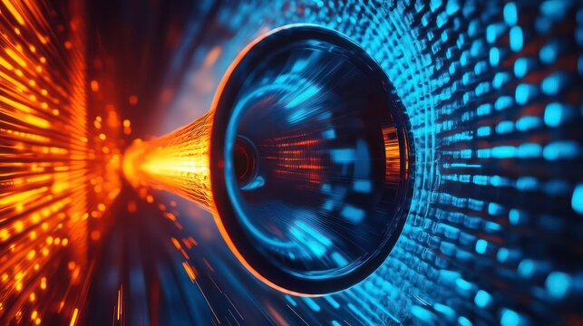 Digital megaphone glowing in a futuristic, abstract blue and orange light