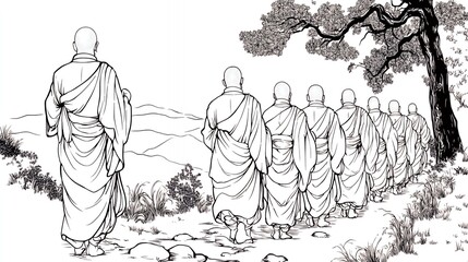 Obraz premium Serene Black and White Ink Wash Painting of Monks Walking on a Path near a Tree