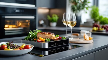 A beautifully arranged healthy meal with wine in a modern kitchen setting.