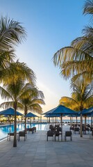 Obraz premium Tropical pool sunrise, palm trees, ocean view, vacation brochure