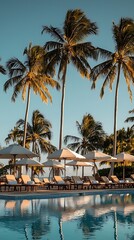 Obraz premium Tropical poolside relaxation; palm trees, ocean view