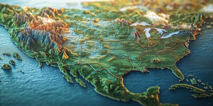 Geographical concept mapping of north america 3d terrain visualization coastal environment aerial view for educational purposes
