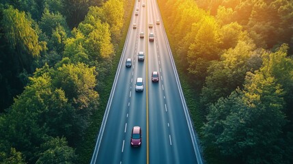 Aerial View of a Highway Cutting Through a Lush Green Forest at Sunset