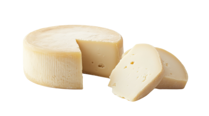 Wheel of cheese with slices isolated on transparent background