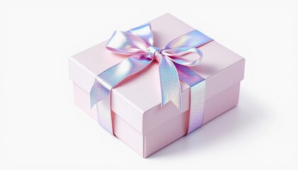 Iridescent ribbon on a pastel gift box presents a magical and soft aesthetic