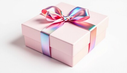 Obraz premium A soft pink gift box adorned with an iridescent ribbon, delicately placed on a white background