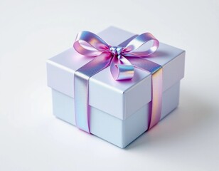 Obraz premium Iridescent ribbon tied around a pale gray box makes a stylish present