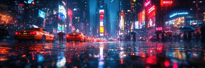 Rainy Night in Times Square, NYC: A Vibrant Digital Painting