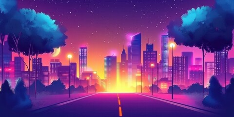 Vibrant Cityscape at Night with Trees and Road