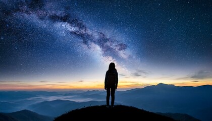 Obraz premium silhouette of a person on the top of mountain. Silhouette of girl standing on mountain and night sky with shooting star. Alone concept.