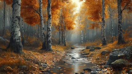 Fototapeta premium Autumnal Birch Forest Stream: A Serene Escape