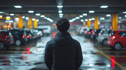 Obraz premium Person Standing Still in Parking Lot with Reflections at Night