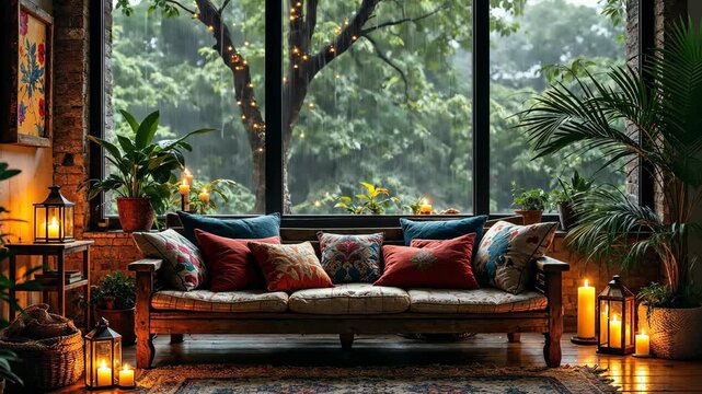 Cozy Living Room with View: Immerse yourself in the warmth and tranquility of a beautifully appointed living room. Lush greenery and twinkling lights peek through a large window.