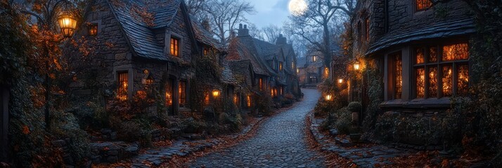 Fototapeta premium Enchanted Autumn Village at Night