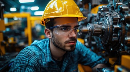 Worker in Safety Gear Focused on Industrial Machine Operations