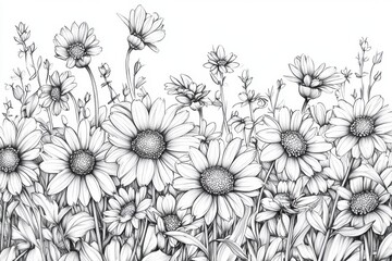 A tranquil hand-drawn pencil sketch of a blooming field.