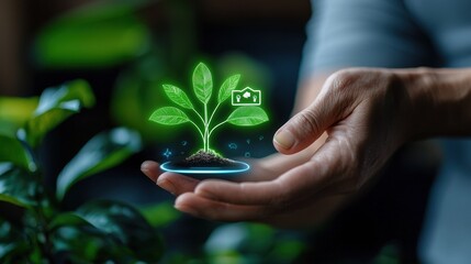 A hand holding a digital plant symbolizing growth and innovation in nature.