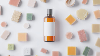 Amber bottle of body wash surrounded by pastel-colored soaps.  Perfect for skincare and beauty product displays.