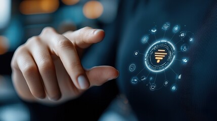 A hand interacting with a digital interface showcasing futuristic icons.