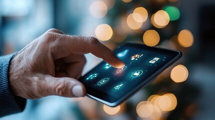 A hand interacting with a digital tablet featuring vibrant icons and festive lights.