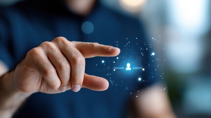 A hand interacts with digital user icons, symbolizing modern connectivity.