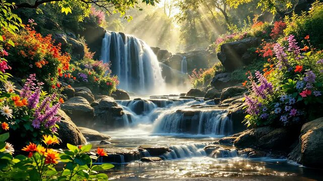 Enchanted Waterfall: Sunbeams pierce through a vibrant forest canopy, illuminating a cascading waterfall surrounded by blooming wildflowers. The scene evokes serenity, beauty, and the magic of nature.
