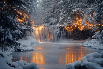 Frozen waterfall surrounded by snow-covered trees and twinkling lights, creating a magical winter scene