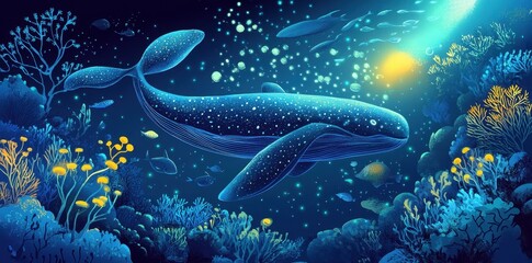 A luminous whale swims through a vibrant coral reef