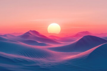 Geometric desert landscape with towering dunes and a setting sun