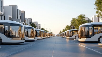 Fototapeta premium A modern street lined with futuristic buses in a vibrant urban environment.