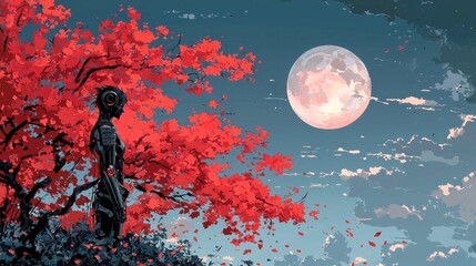 Naklejka premium Cyberpunk Samurai: Contemplation Under the Blood Moon