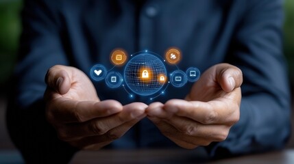 A person holding digital icons representing technology and security concepts.