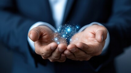 A person holding glowing particles in their hands representing innovative ideas.